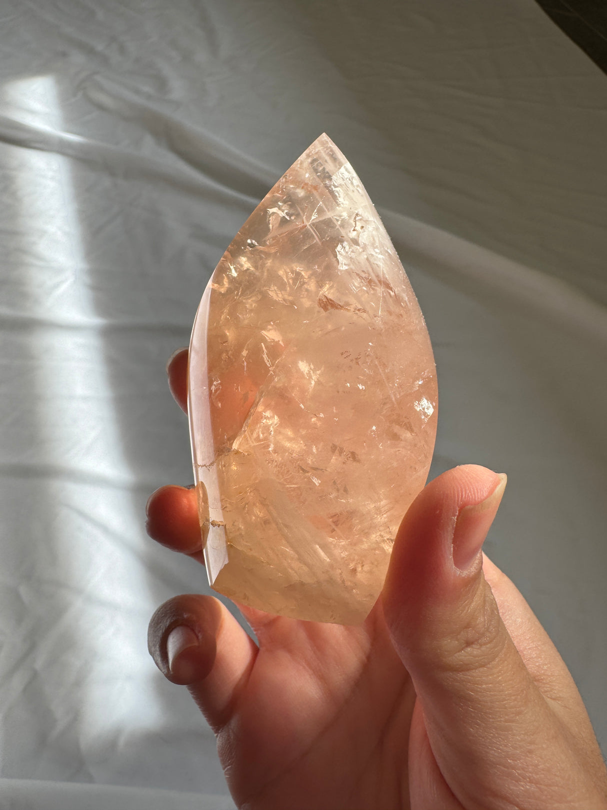 Gemmy Peach Rose Quartz Flame with Golden Healer