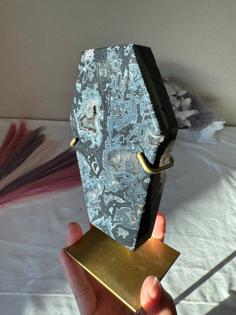 Navy Blue Druzy Agate Coffin on Gold Stand