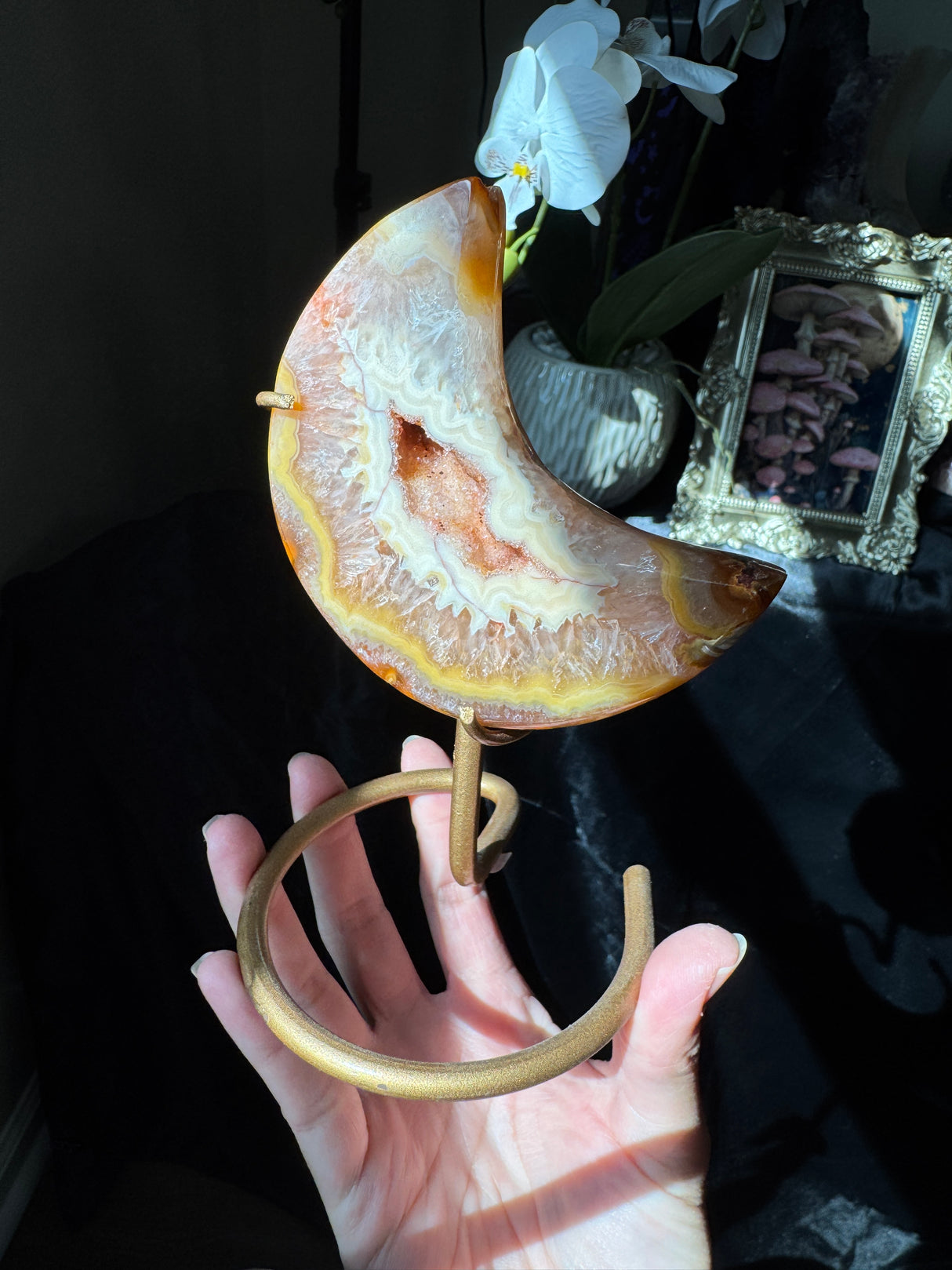 Sun Kissed Druzy Agate Moon on stand