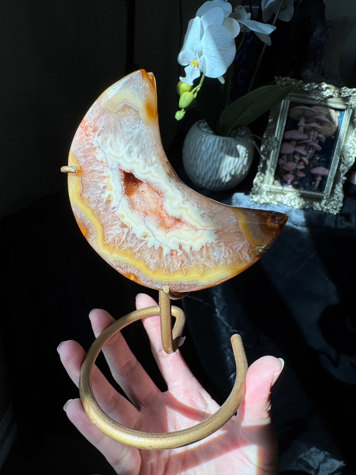 Sun Kissed Druzy Agate Moon on stand