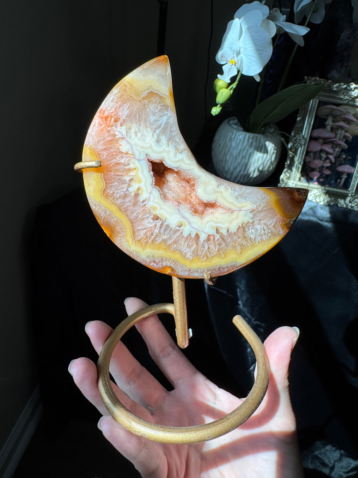 Sun Kissed Druzy Agate Moon on stand