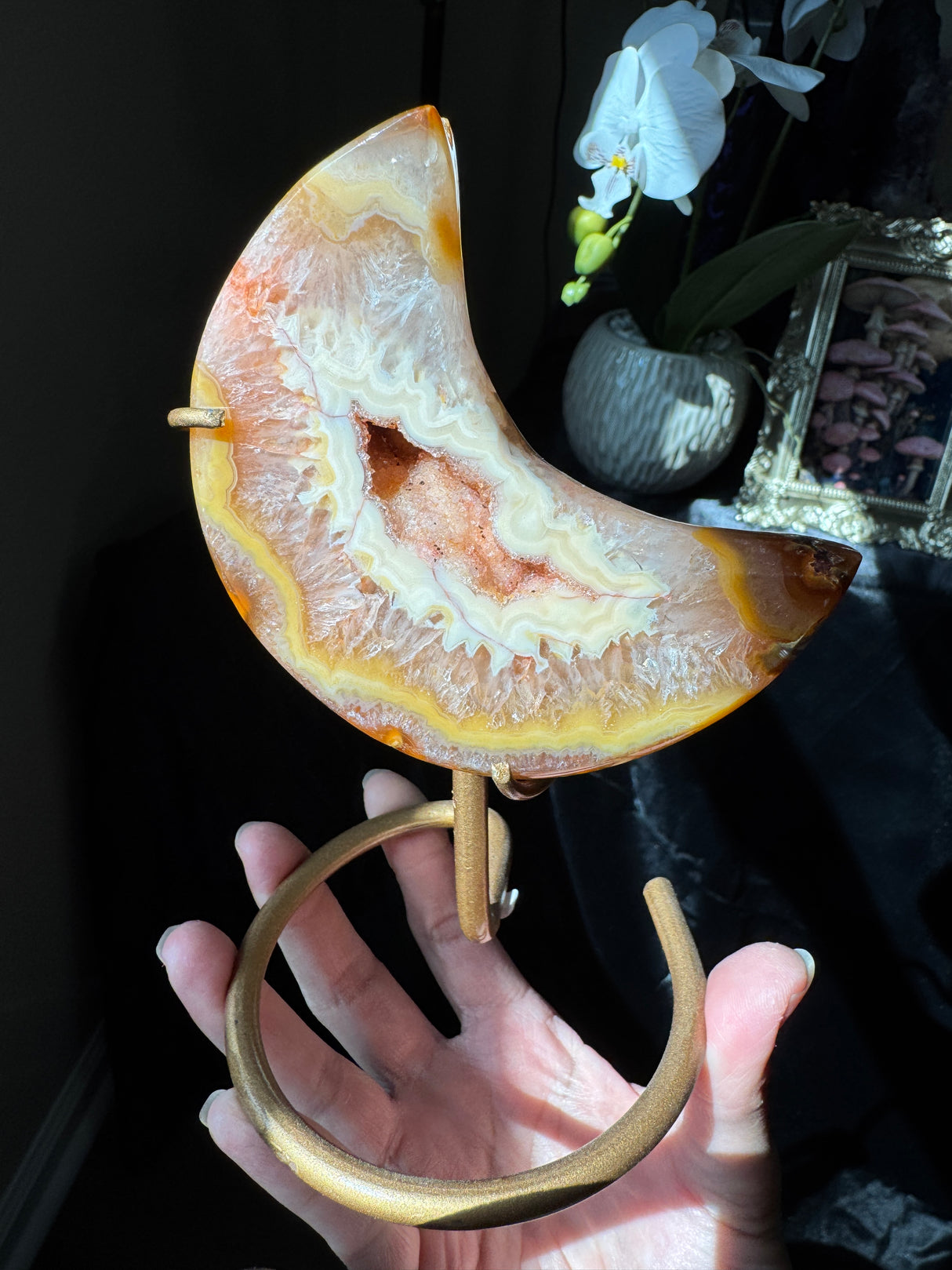 Sun Kissed Druzy Agate Moon on stand