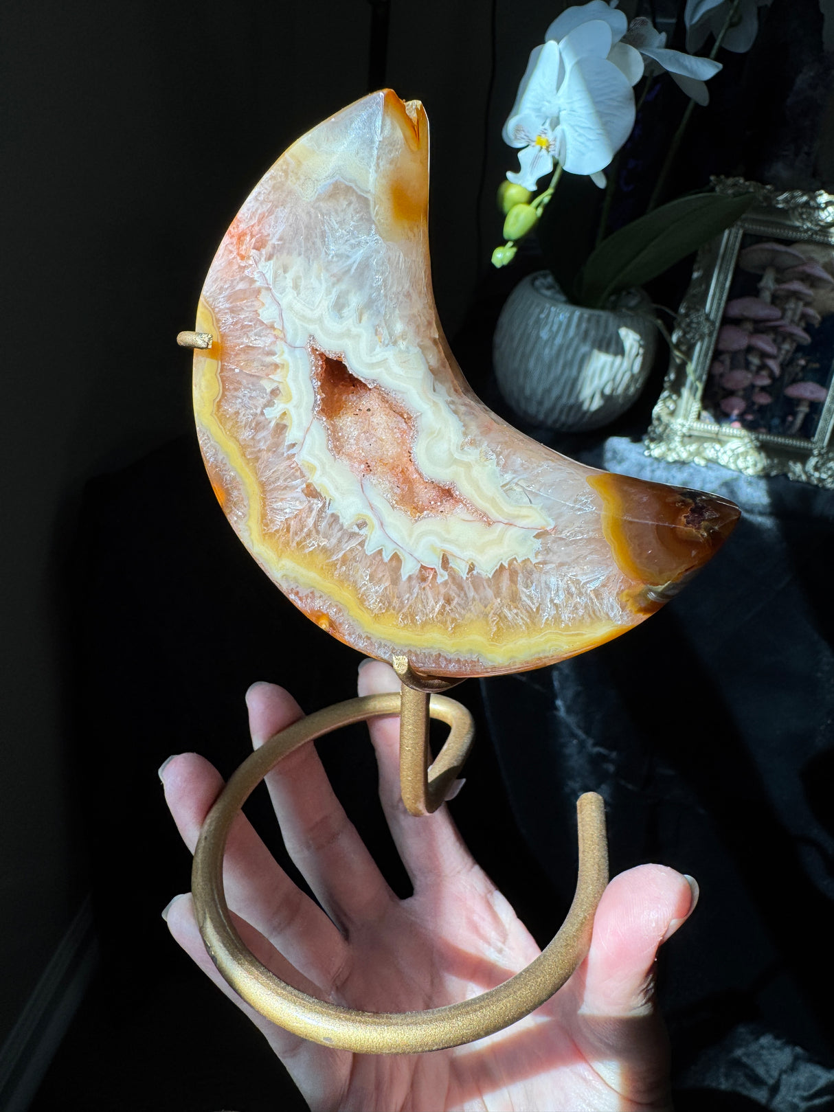 Sun Kissed Druzy Agate Moon on stand