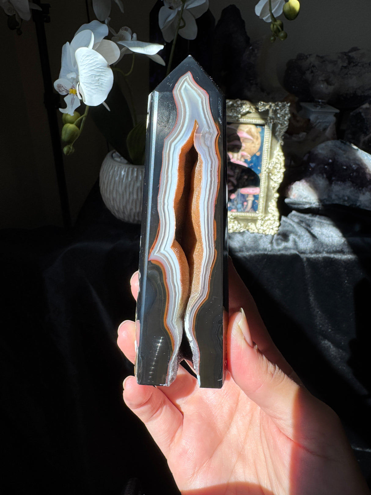 Druzy Black Agate Tower