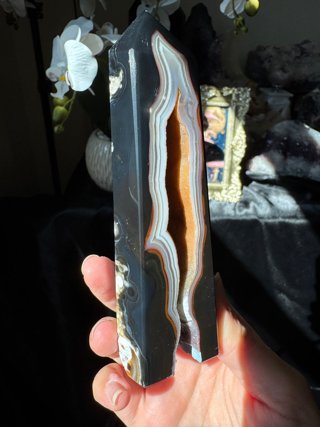 Druzy Black Agate Tower