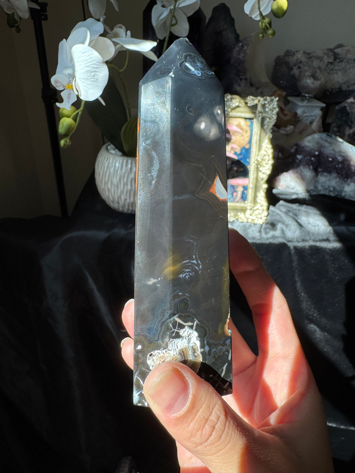 Druzy Black Agate Tower