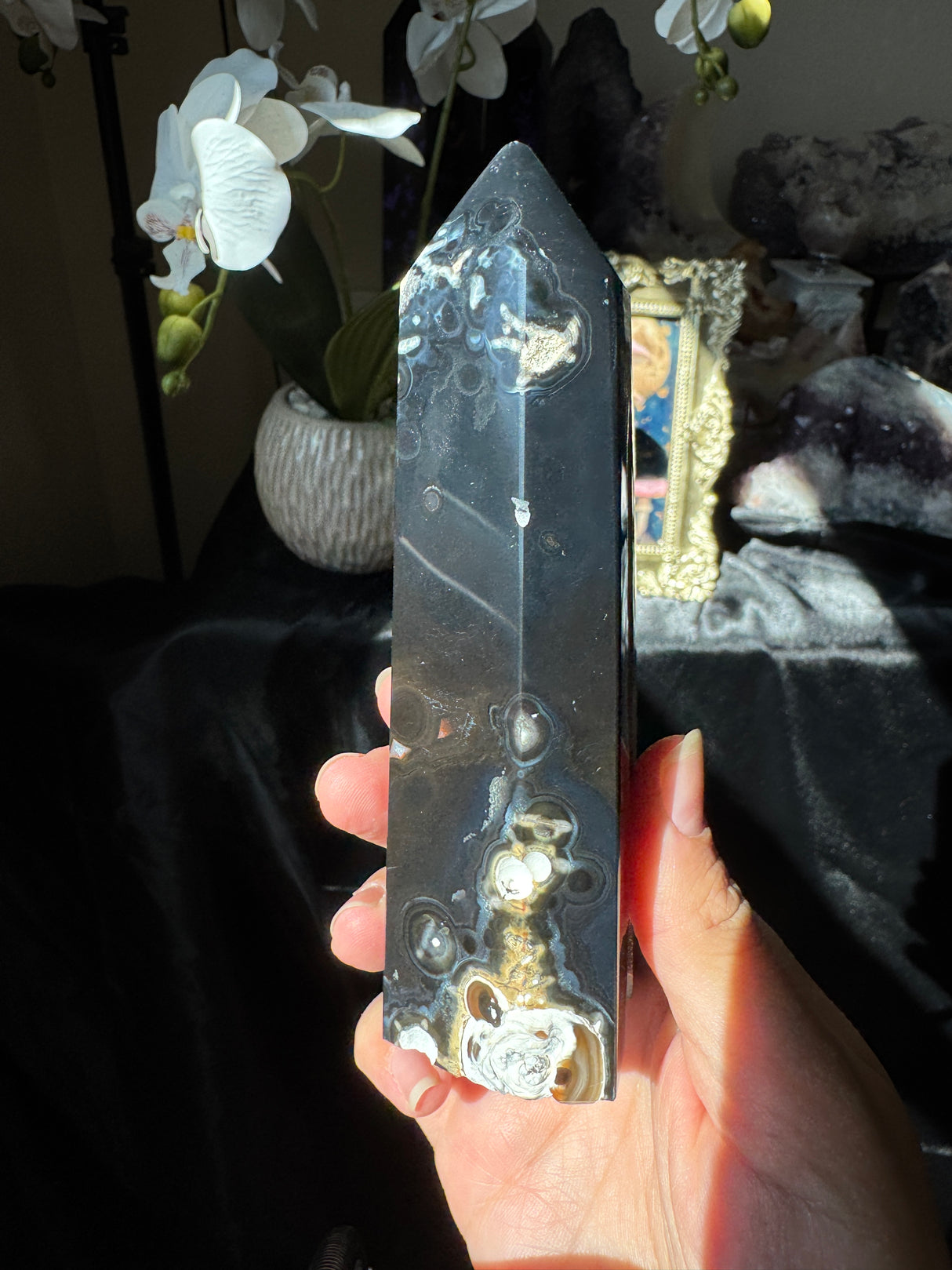 Druzy Black Agate Tower