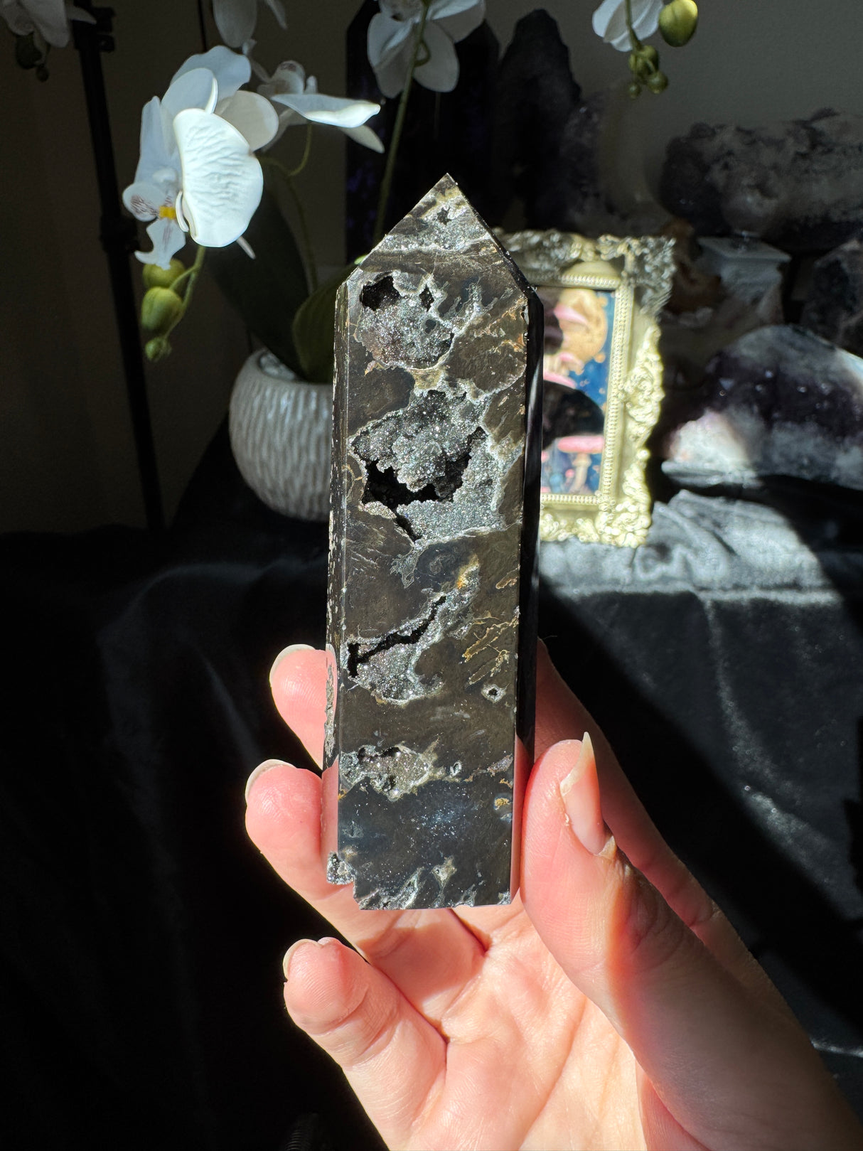 Druzy Black Agate Tower