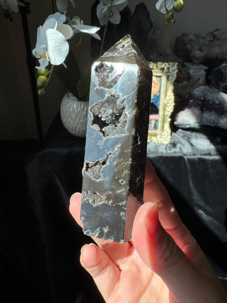 Druzy Black Agate Tower