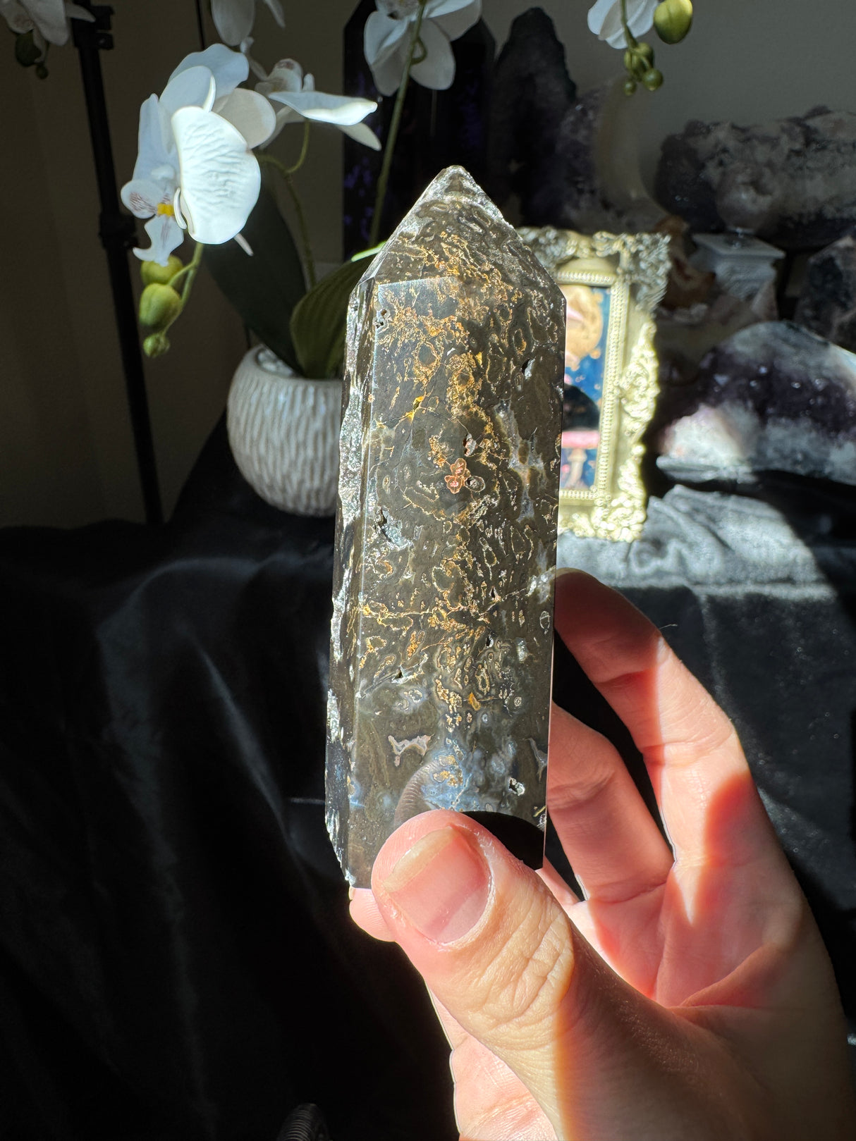 Druzy Black Agate Tower