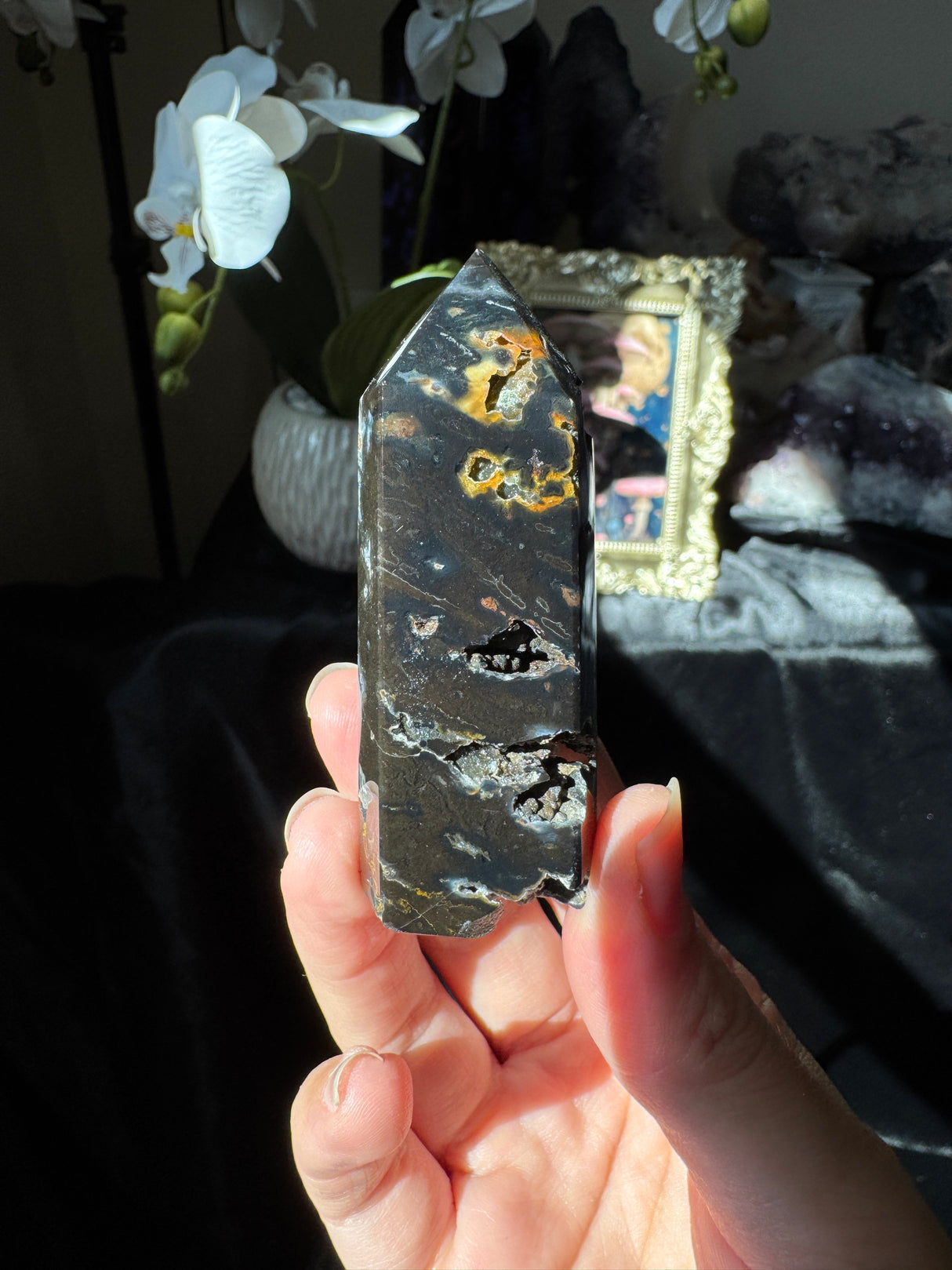 Druzy Black Agate Tower