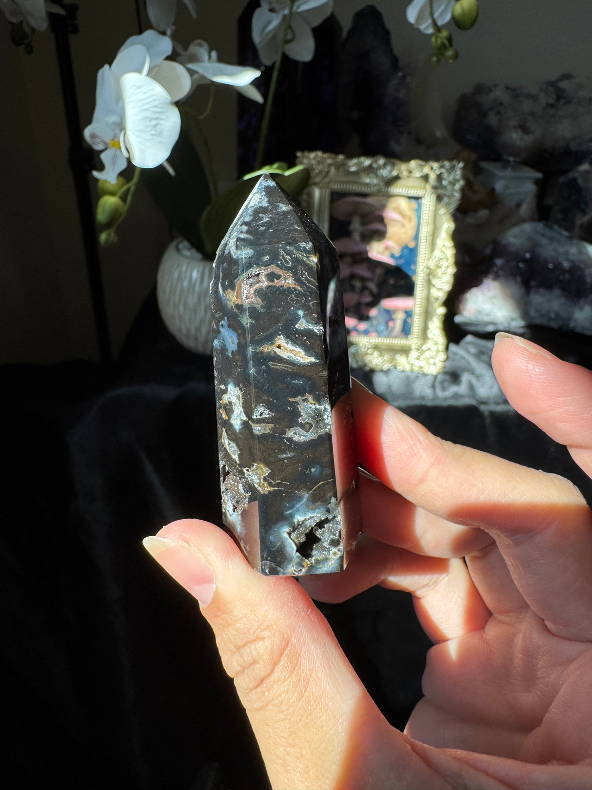 Druzy Black Agate Tower