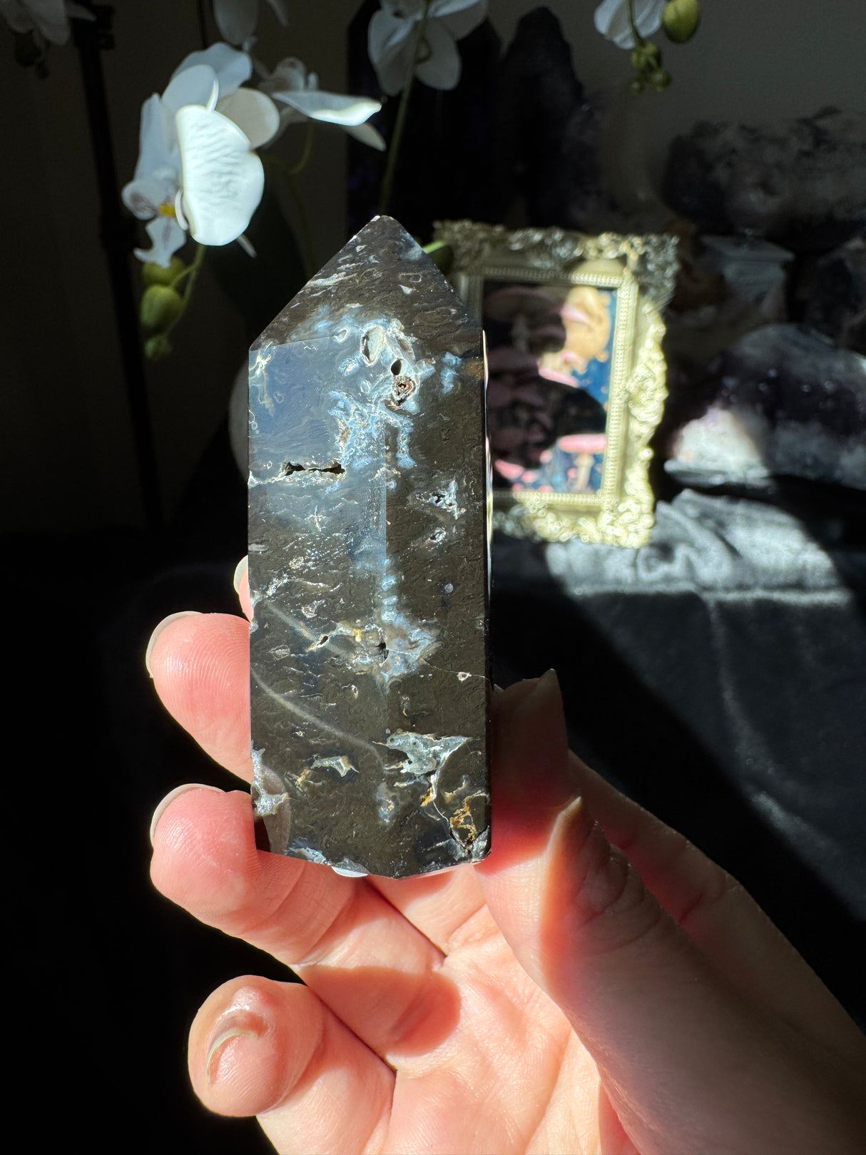 Druzy Black Agate Tower