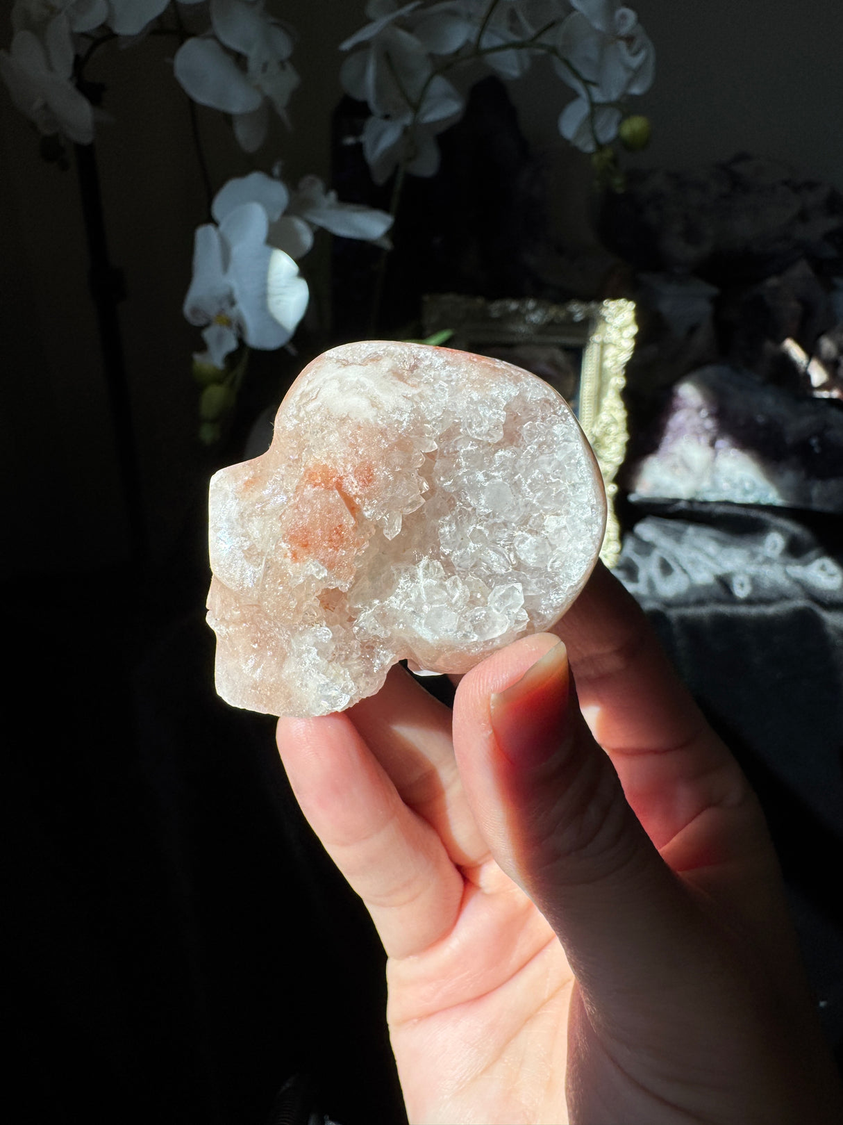 Mini Hand Carved Pink Amethyst Skull