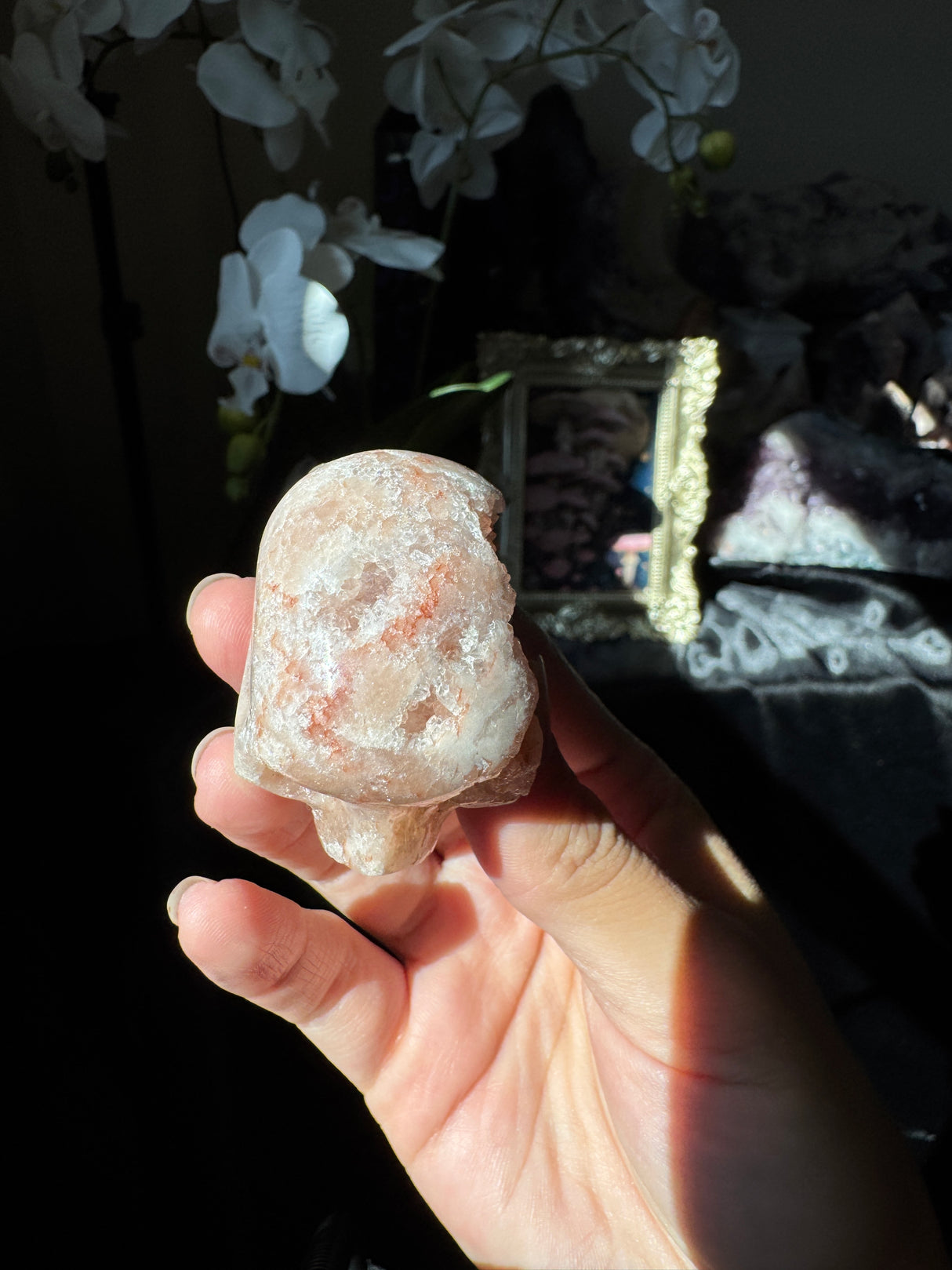 Mini Hand Carved Pink Amethyst Skull