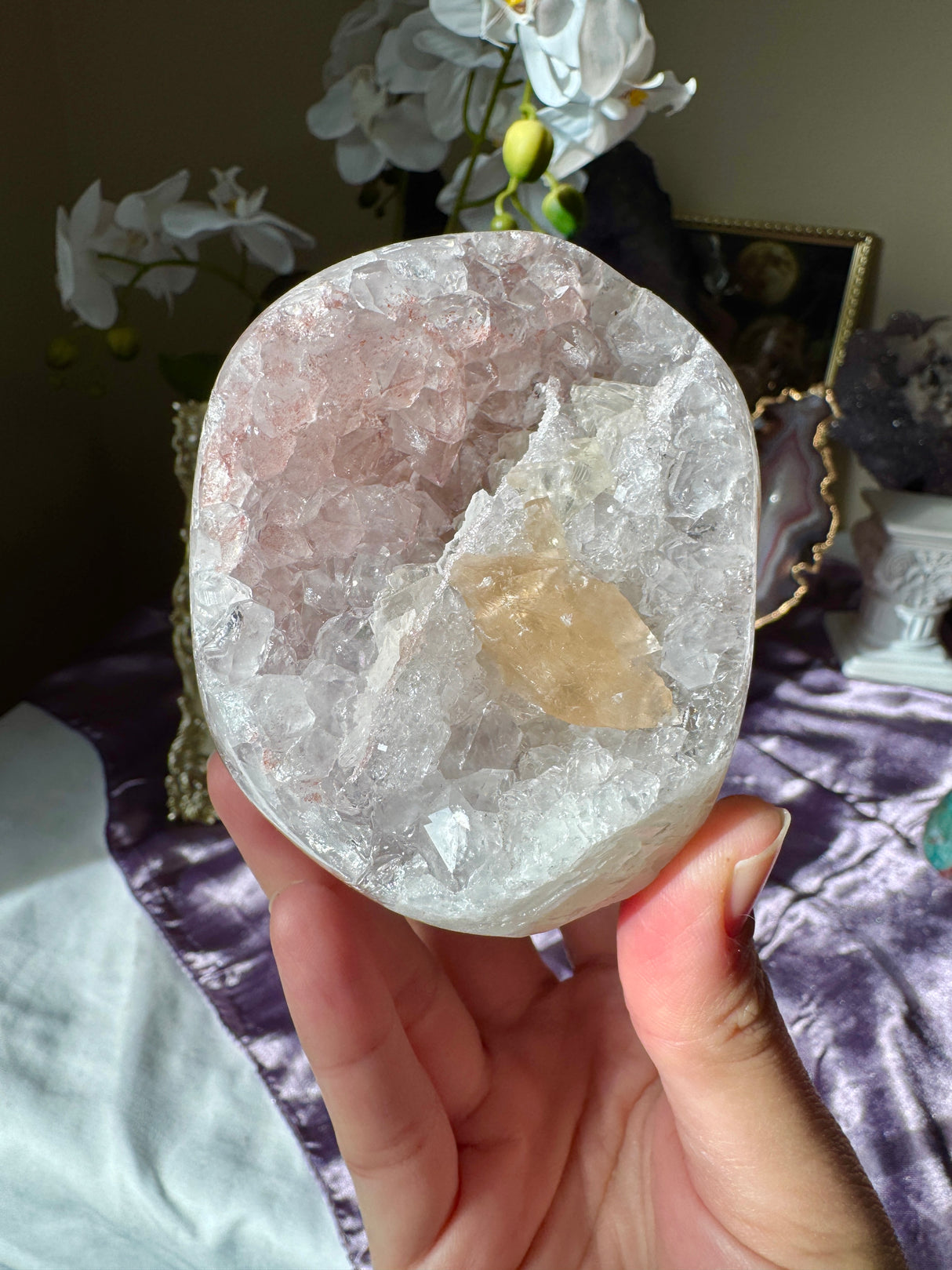 Pastel Pink Rainbow Amethyst Free Form with Calcite