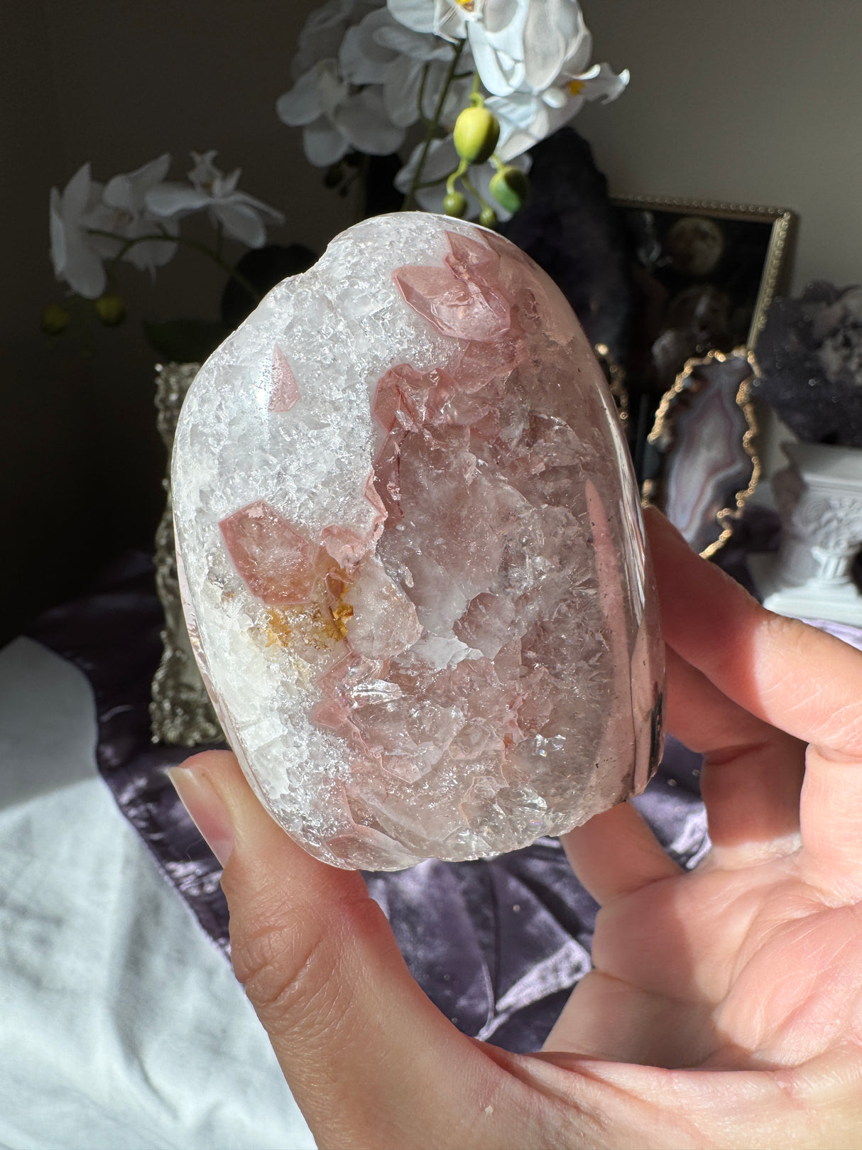 Pastel Pink Rainbow Amethyst Free Form with Calcite