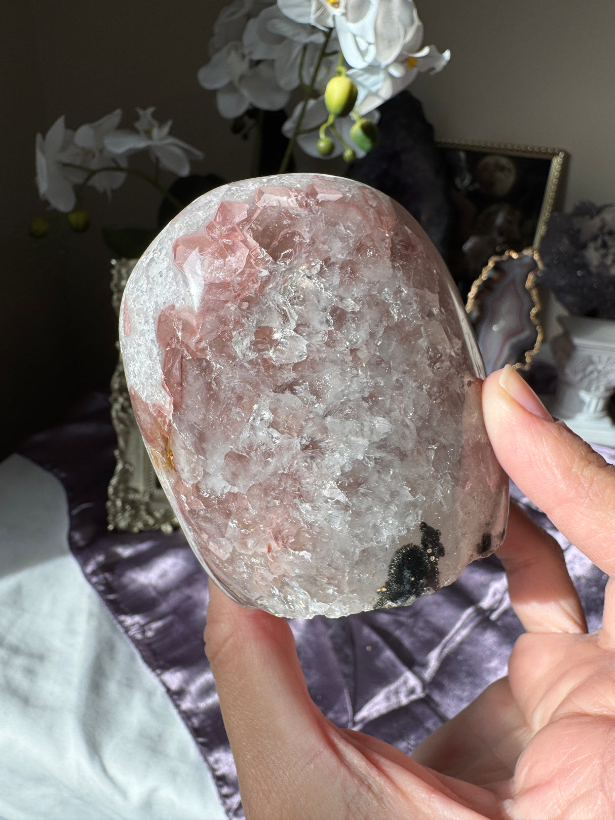 Pastel Pink Rainbow Amethyst Free Form with Calcite