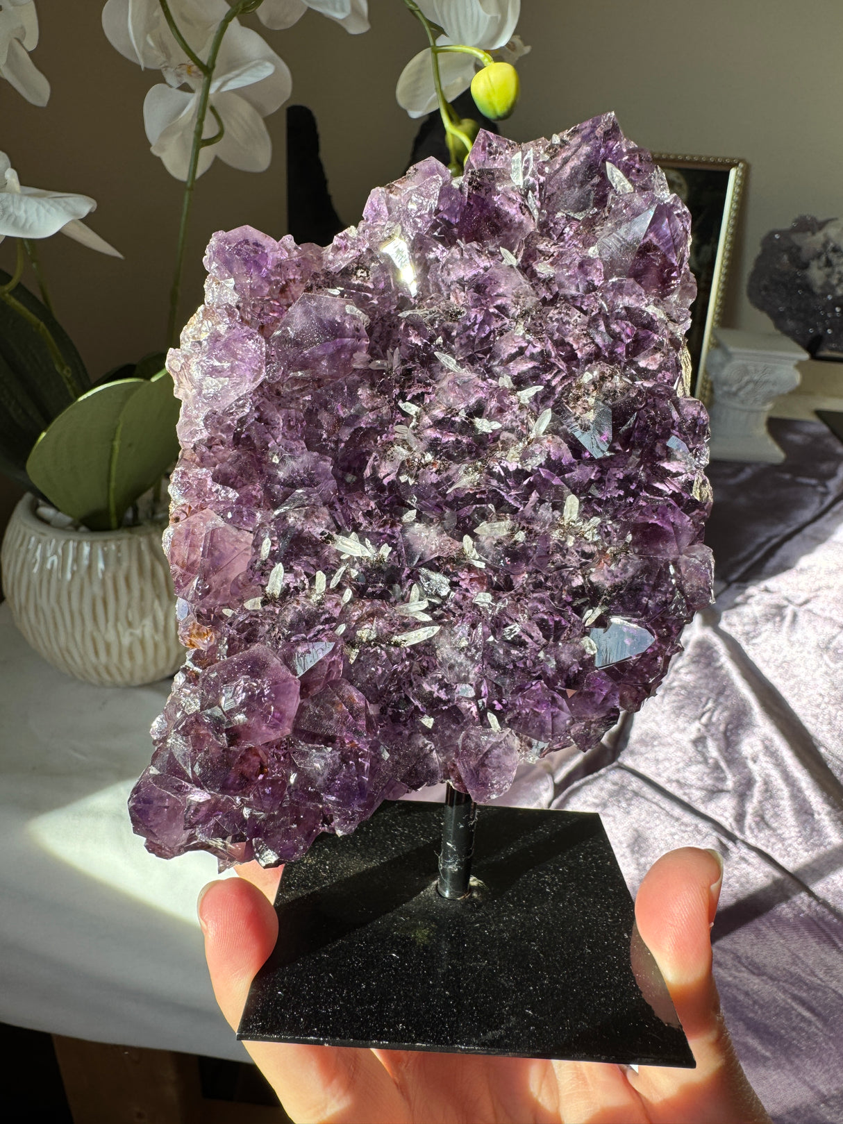 Amethyst Cluster with Druzy Calcite Points
