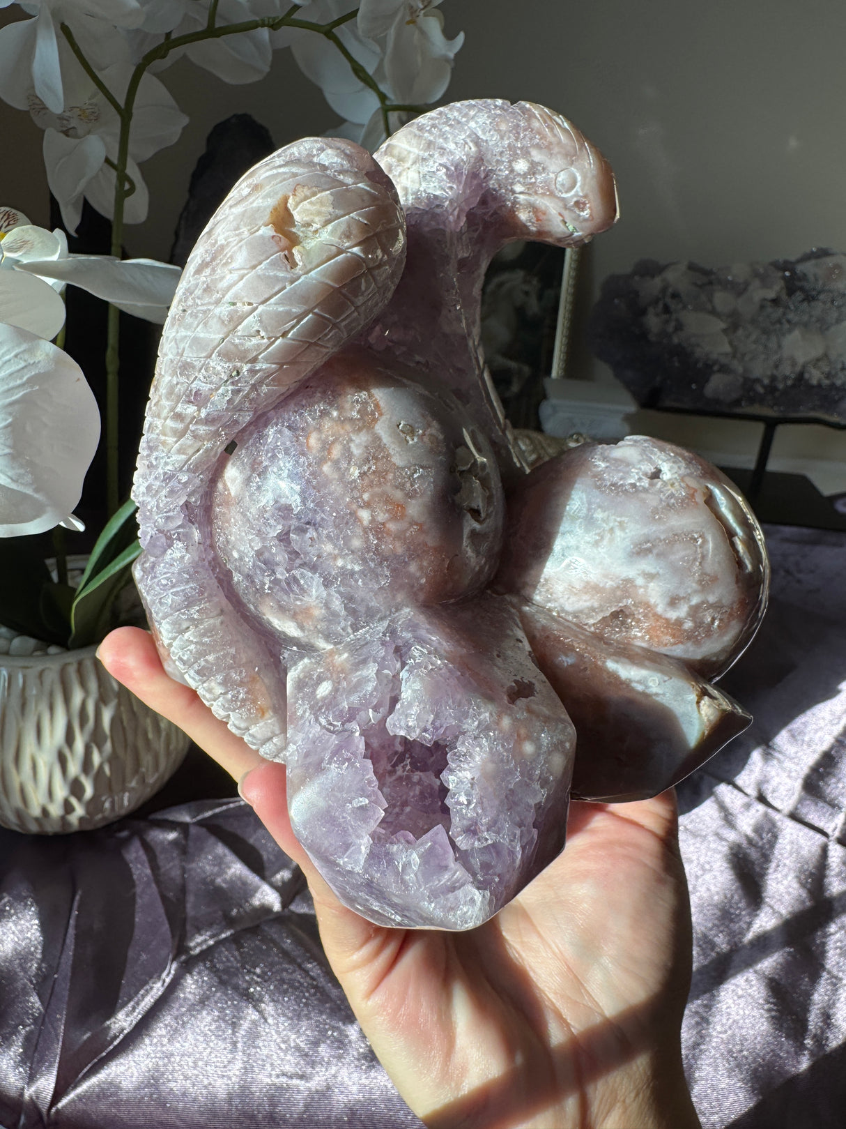 Flower Agate x Amethyst Snake Carving