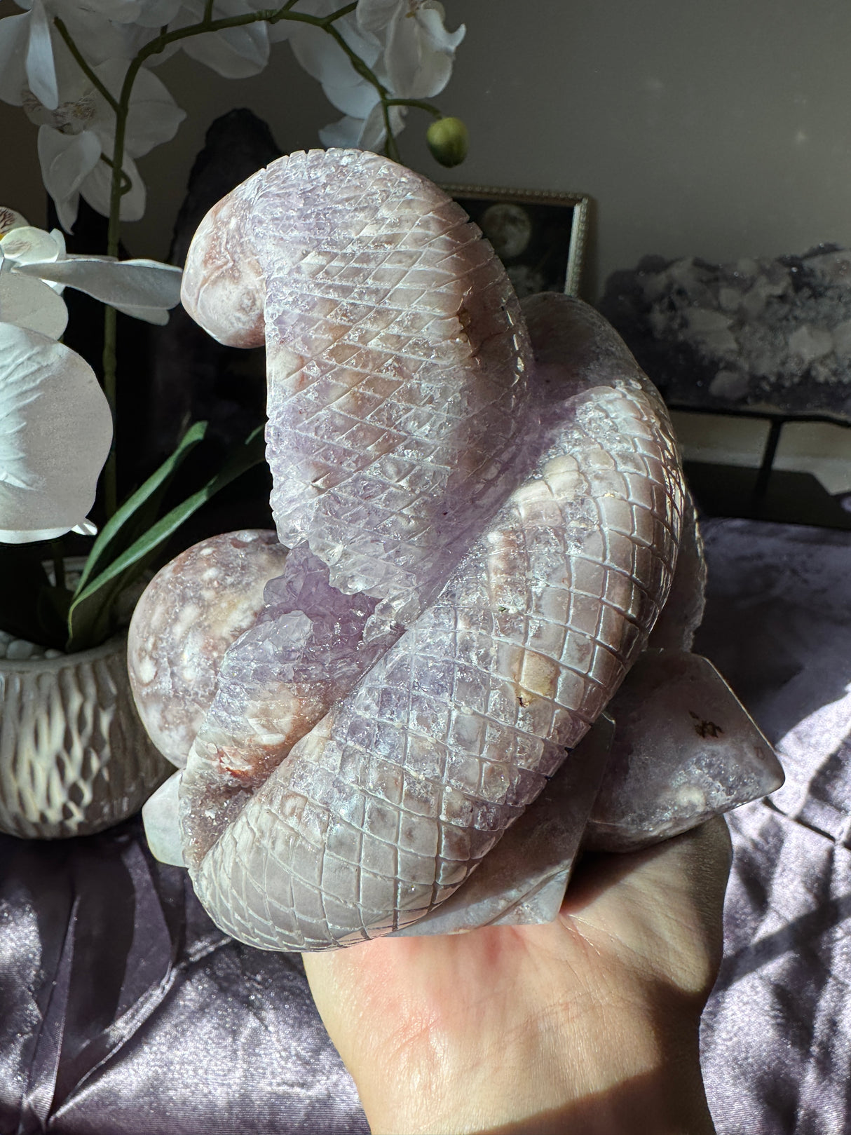 Flower Agate x Amethyst Snake Carving