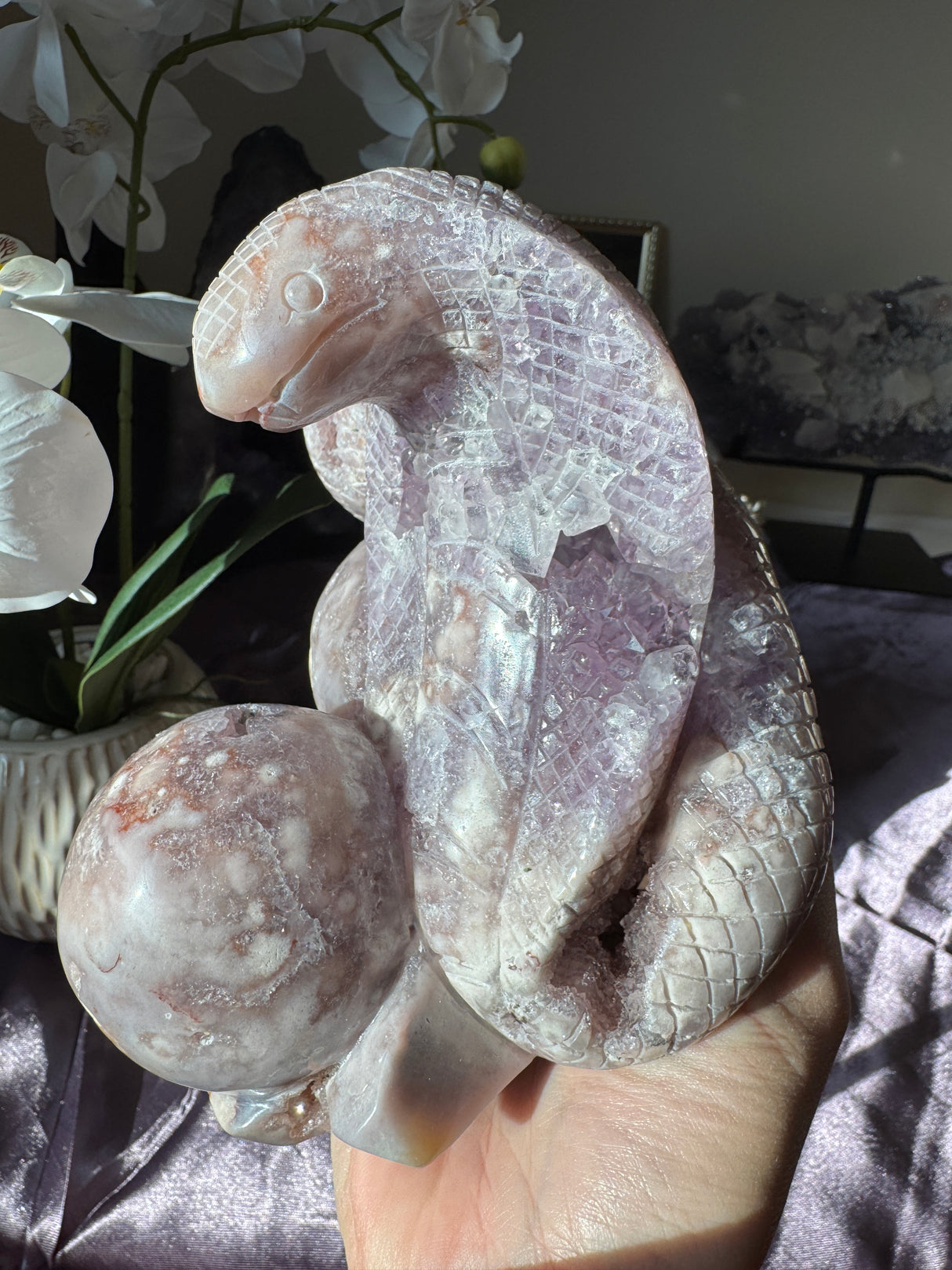 Flower Agate x Amethyst Snake Carving