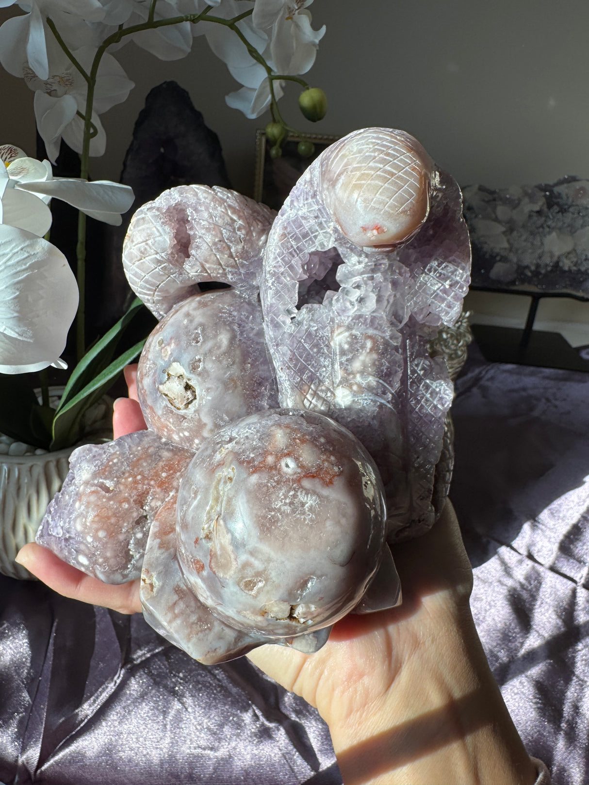 Flower Agate x Amethyst Snake Carving