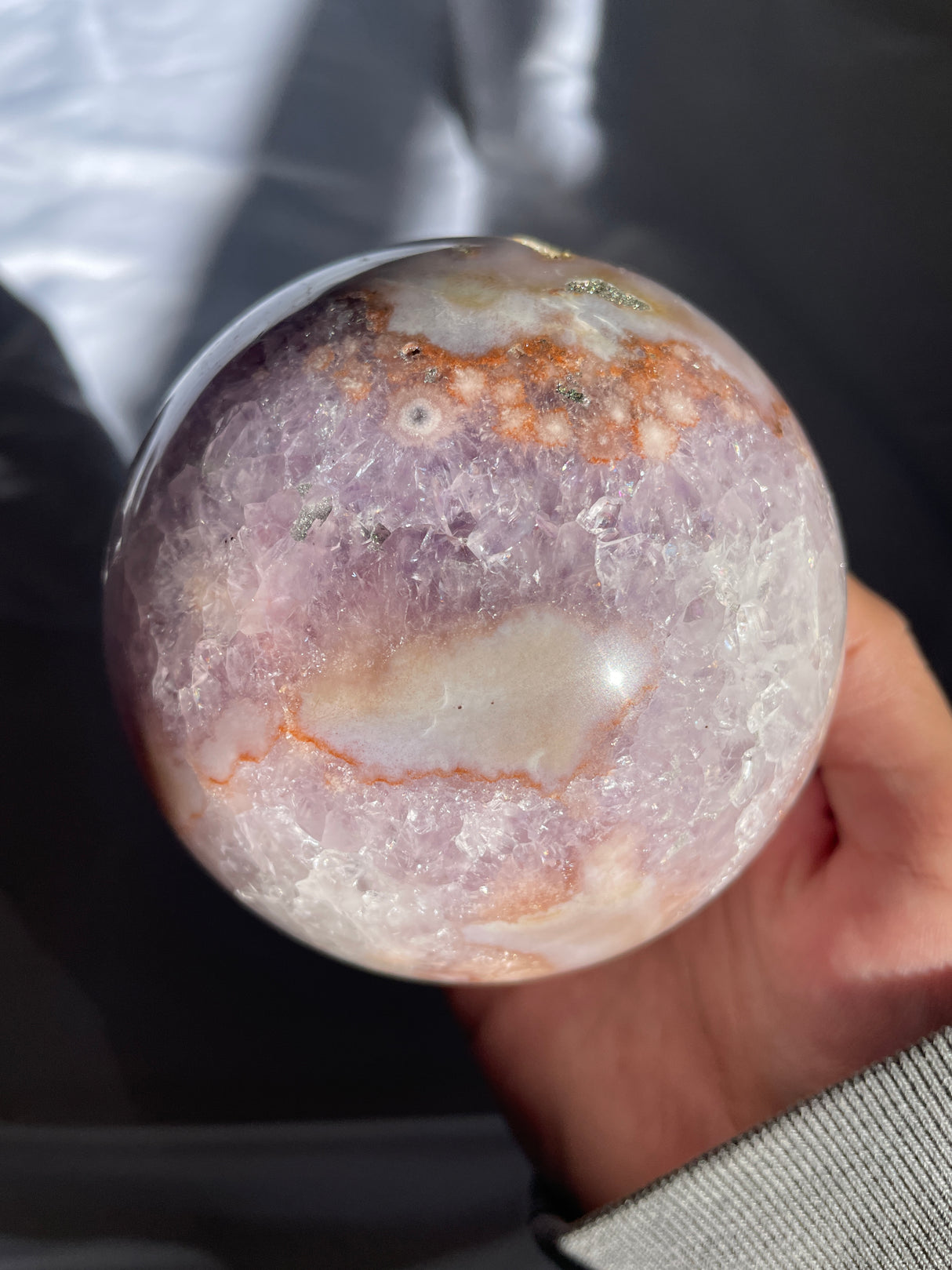 Large Sugar Druzy Flower Agate Sphere with Amethyst