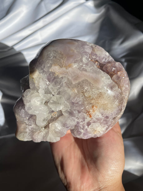 Lavender Amethyst Flower Agate Skull with Amethyst Cave