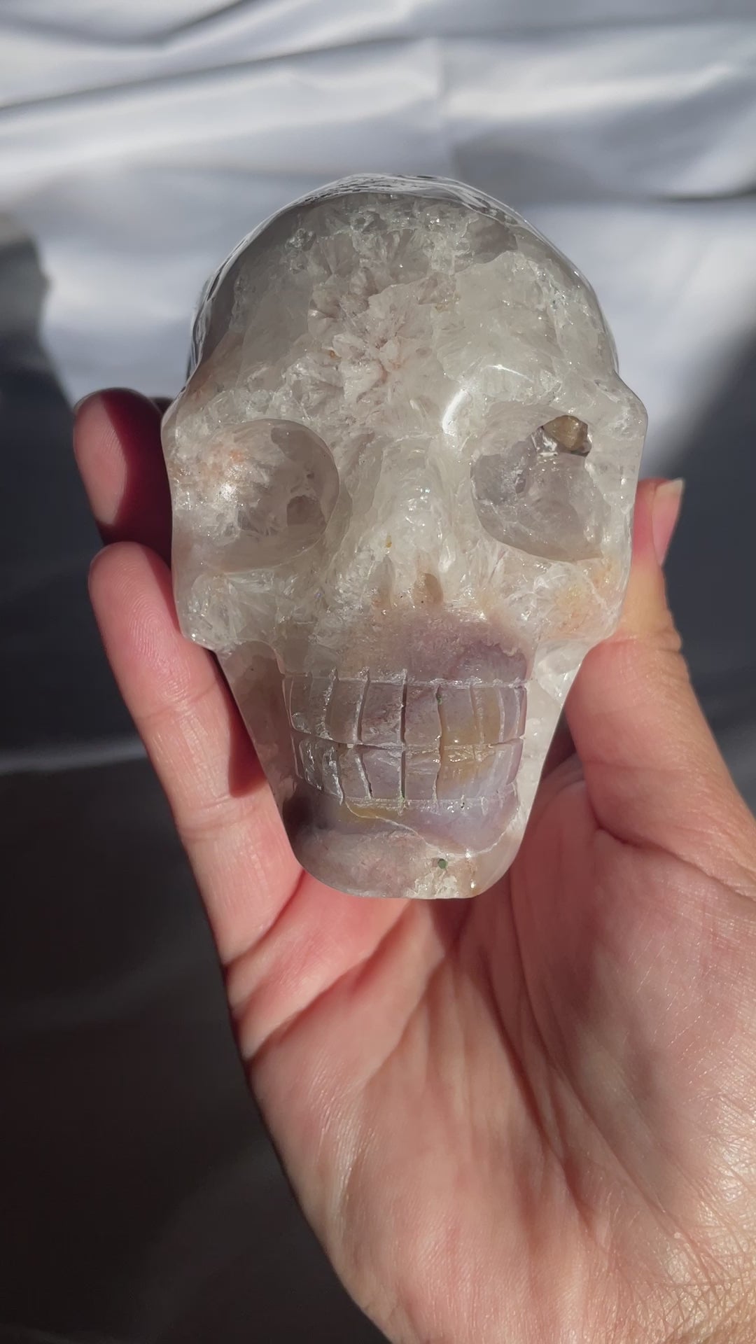 Quartzy Flower Agate Skull with Light Amethyst Cave